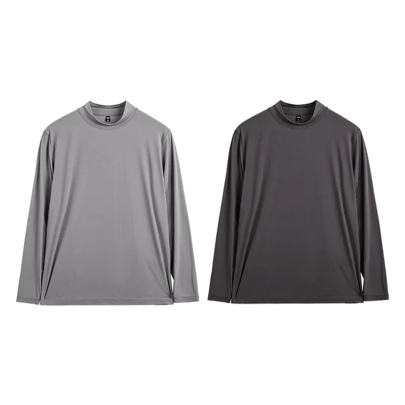 Maden Men's Mock Neck Long Sleeve Tee Slim Fit Stretch Layering Shirt Gray Workout Basic T-shirt for Spring and Fall Underwear