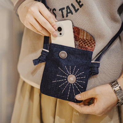 Maden Vintage Embroidered Denim Messenger Bag Ethnic Style Patchwork Denim Mobile Phone Bags Unisex Versatile Small Accessory