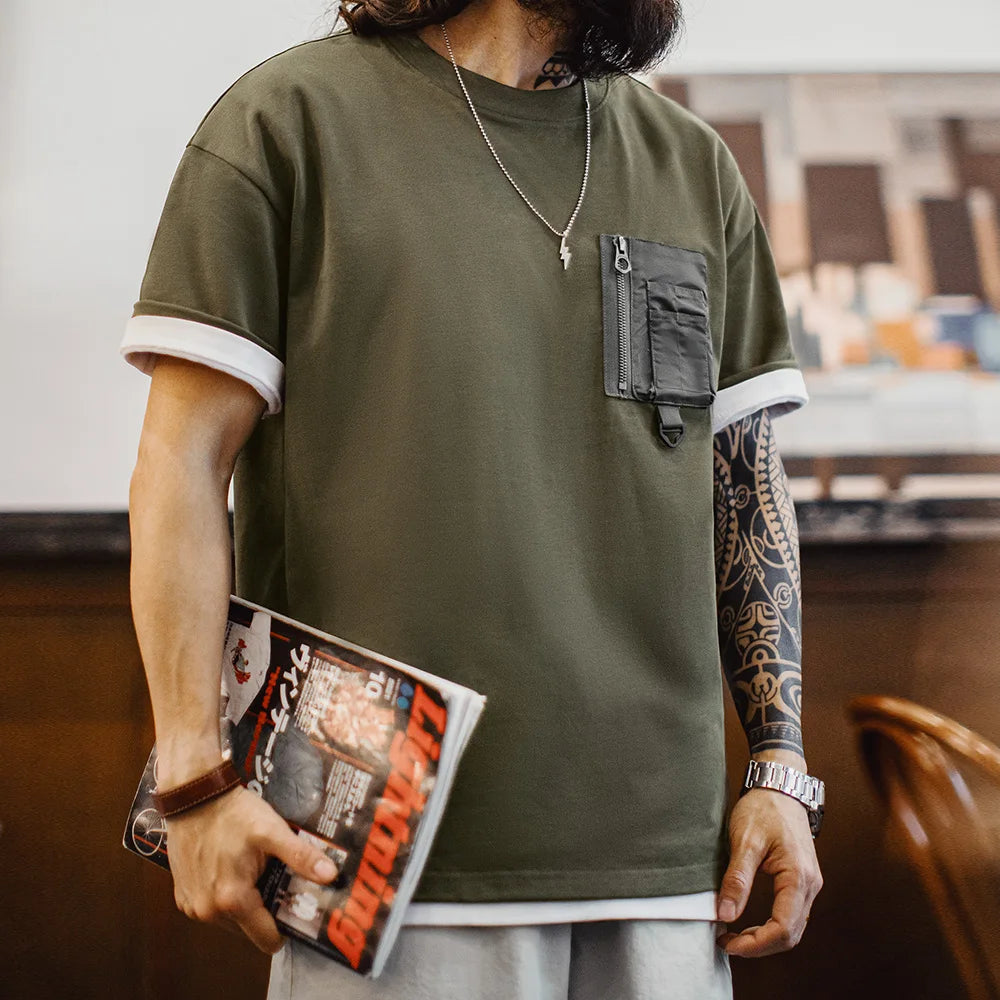 Maden Vintage Style Green Pocket Tee Men's Summer Heavyweight Cotton Knit Short Sleeve Shirt Outdoor Casual Crew Neck T-Shirt
