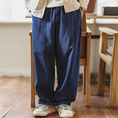 Maden Retro Heavyweight Washed Logging Jeans Loose with Pockets Elastic Waist Drawstring Design Solid Color Casual Trousers