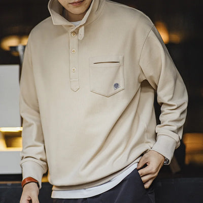 Maden Men's Half-Placket Sweatshirt American Retro Casual Polo Collar Shirt Cozy Style Lapel Pullover for Men Spring and Autumn