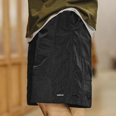 Maden Outdoor Patchwork Black Shorts Men's Lightweight Quick-Dry Breathable Shorts with Elastic Waist Straight Leg Sport Pants