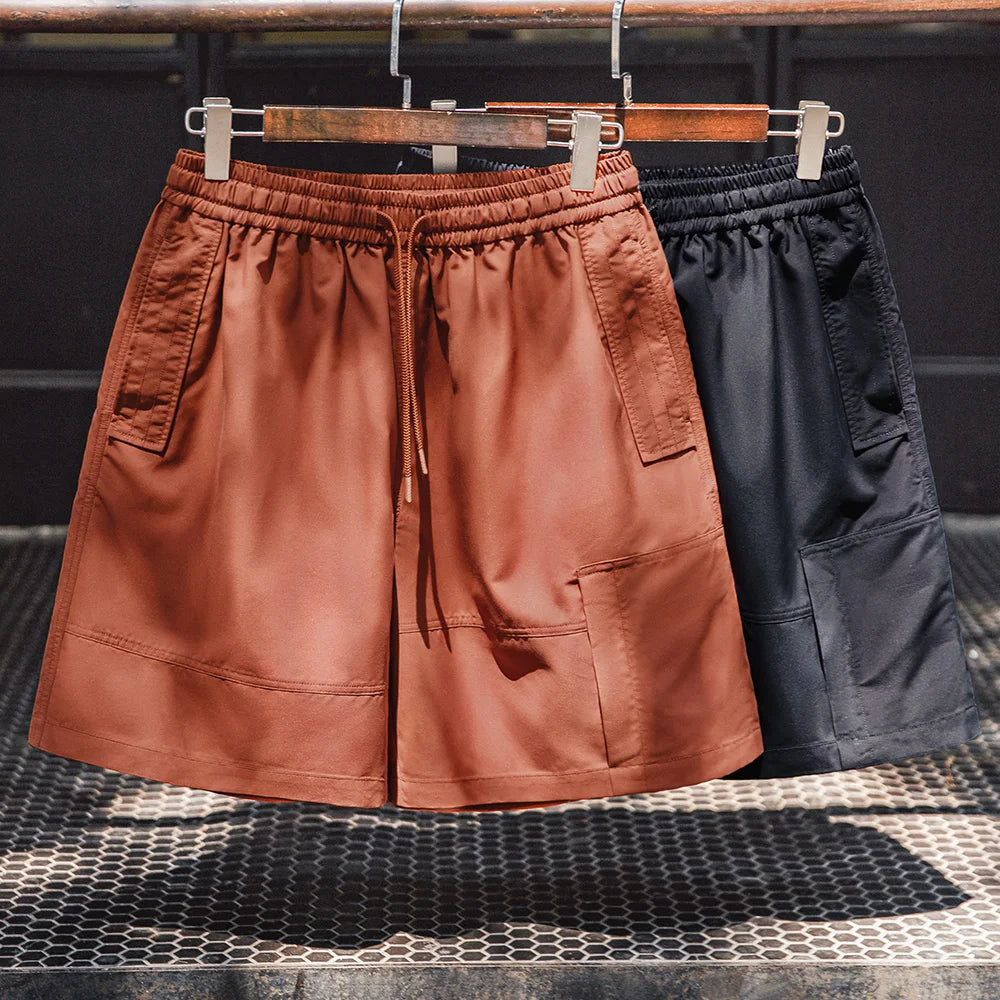 Maden Men's Outdoor Casual Cargo Shorts Elastic Waist Drawstring Shorts with Reflective Strip and Multiple Pockets Loose Bottoms