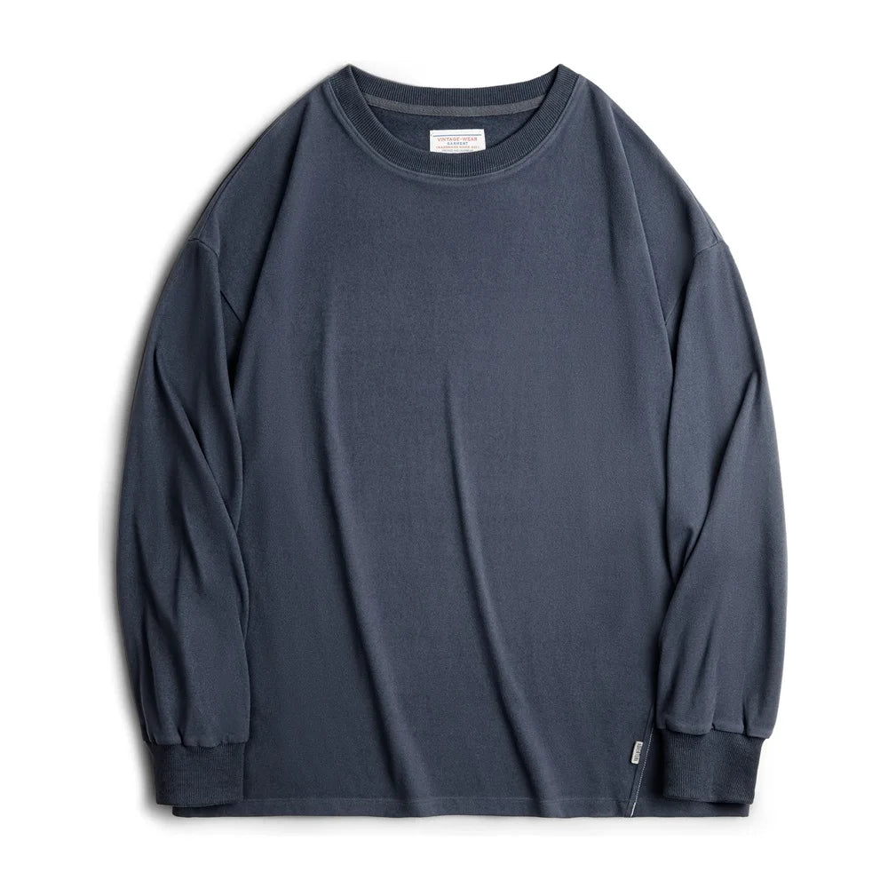 Maden Men's Warm Double-Sided Brushed Fleece Long-Sleeve T-Shirt Basic Loose Fit with Classic Ribbed Crew Neck Tops for Autumn
