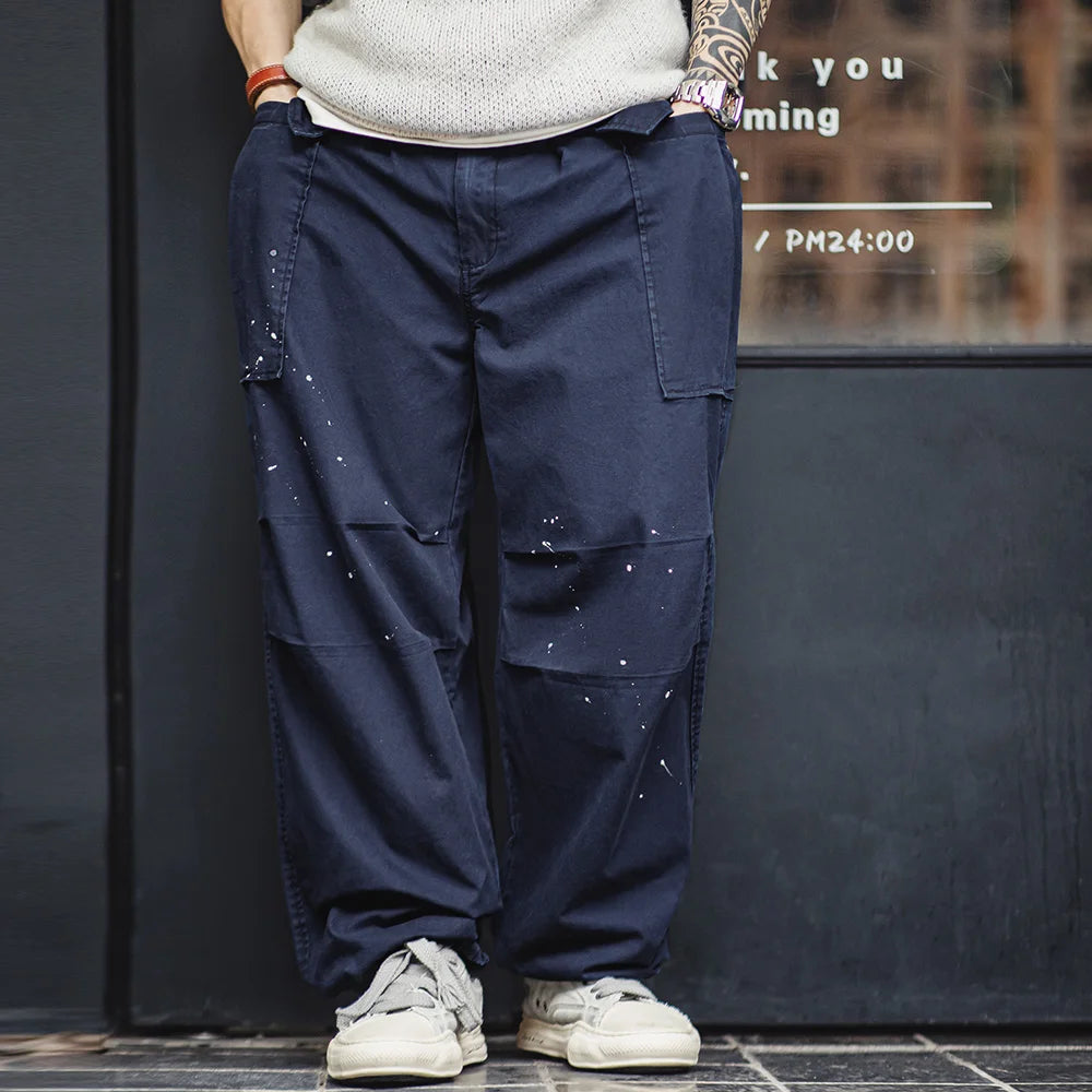 Maden Solid Color Splashed Parachute Pants Oversized Loose Straight Tube Wrinkled Casual Pants for Men Fall and Winter Trousers