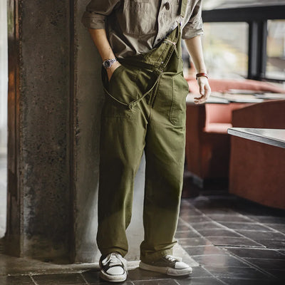 Maden Retro Overalls Casual Straight Jumpsuit for Men's Solid Color Spring and Autumn with Pocket Design Trousers
