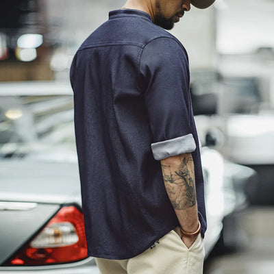 Maden Retro Cool Ice Silk Denim Shirt with Washed Round Neck Casual Solid Color Long-sleeved Shirt for Men's Autumn