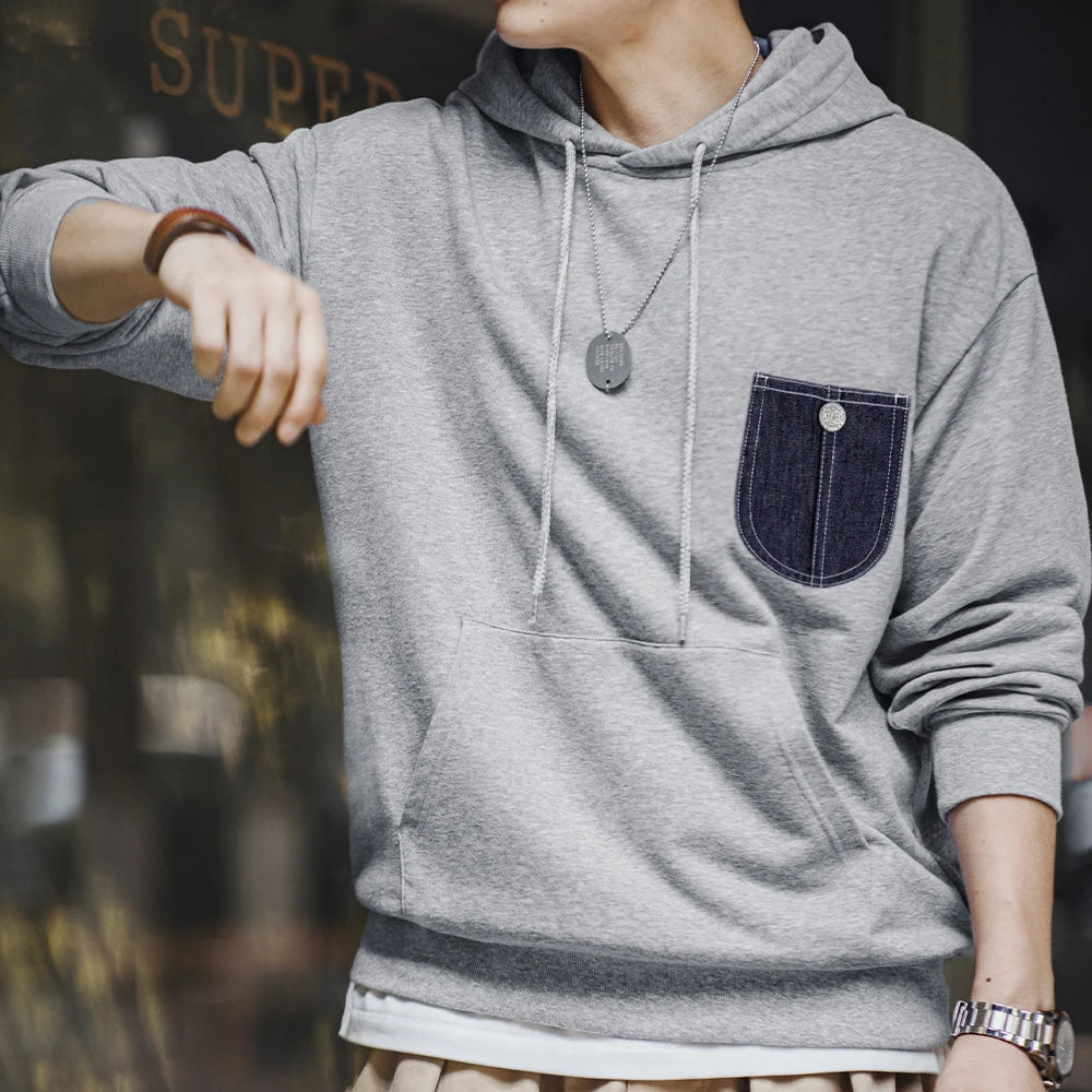 Maden Casual Denim Pocket-Spliced Hooded Sweatshirt Cleanfit Long-Sleeved Sports Top for Men Spring and Fall Versatile Pullover