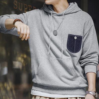 Maden Casual Denim Pocket-Spliced Hooded Sweatshirt Cleanfit Long-Sleeved Sports Top for Men Spring and Fall Versatile Pullover