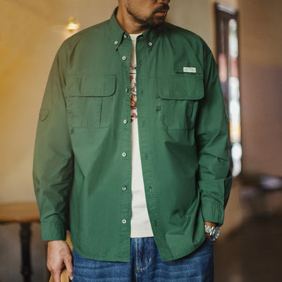 Maden Men's Vintage Multi-Pocket Long-Sleeve Shirt Green Cotton Loose Fit Single-Breasted Overshirt Lightweight Casual Blouse