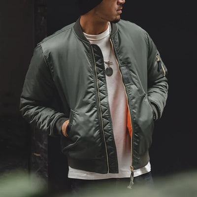 Maden Vintage MA1 Pilot Jacket Green Thickened Cotton-padded Jacket Casual Baseball Pockets Flight Zipper Outwear for Men's Fall