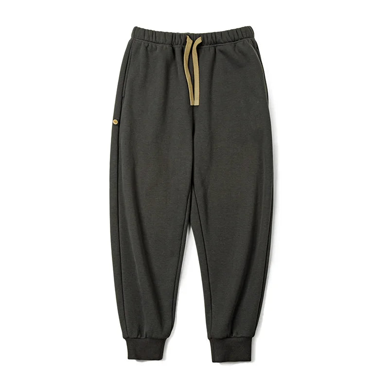 Maden Autumn and Winter Thickened Polar Fleece Sweatpants for Men Soft and Comfortable Pants Adjustable Woven Belt Totem Buttons