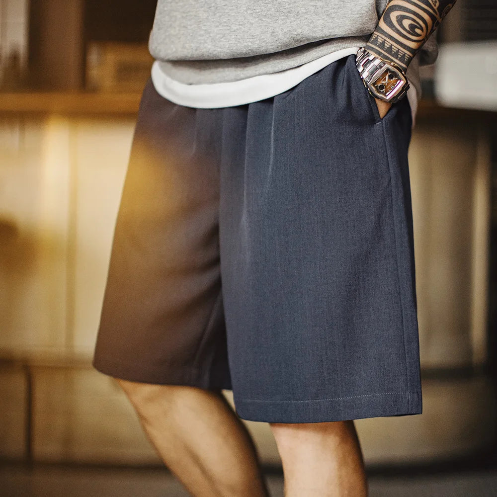 Maden Casual Solid Color Suit Shorts Men Summer Lightweight Office Shorts Elastic Waist Pockets Versatile Chino Business Bottoms