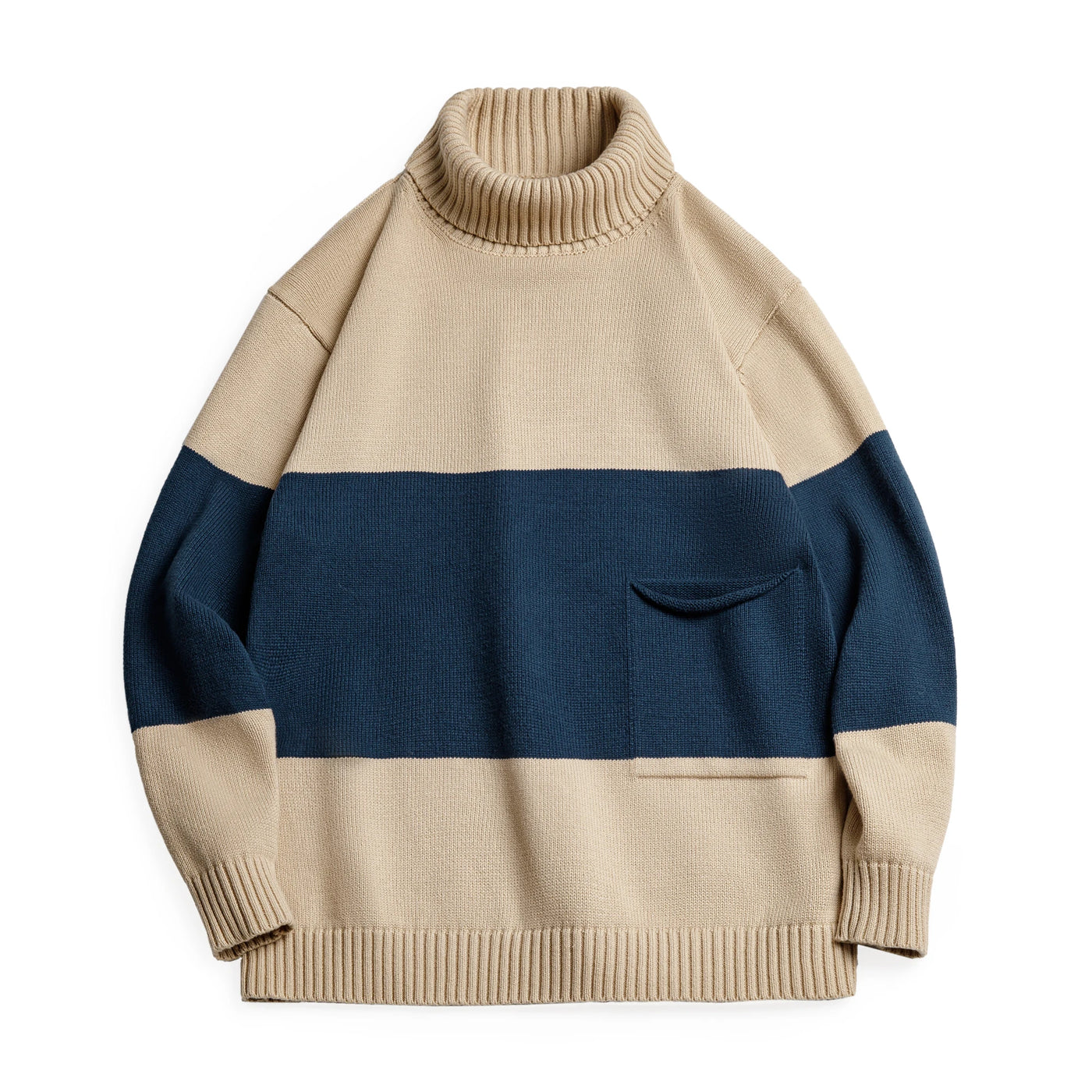 Maden Retro Turtleneck Knitted Sweater Contrasting Color Striped Pullover Warm Versatile Top for Men's Fall and Winter Clothing