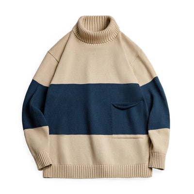 Maden Retro Turtleneck Knitted Sweater Contrasting Color Striped Pullover Warm Versatile Top for Men's Fall and Winter Clothing