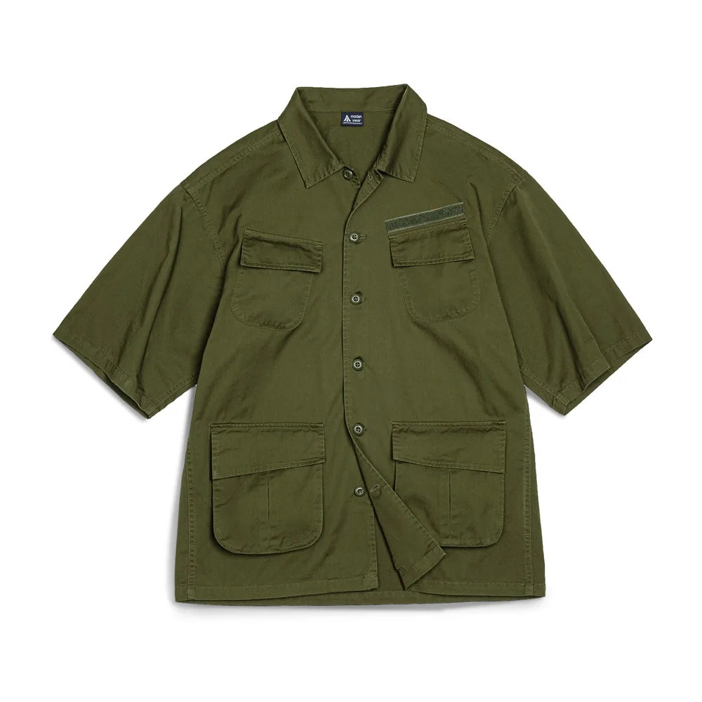 Maden Men Summer Vintage M42 Four Pocket Short Sleeve Shirts Cotton Green Loose Turn-down Collar Shirt Workwear Tops Male XL XXL