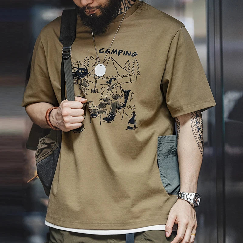 Maden Summer Short Sleeve T-Shirts Outdoor Camp Fun Print Tees with Waterproof Pocket Casual Loose Fit Tops for Men