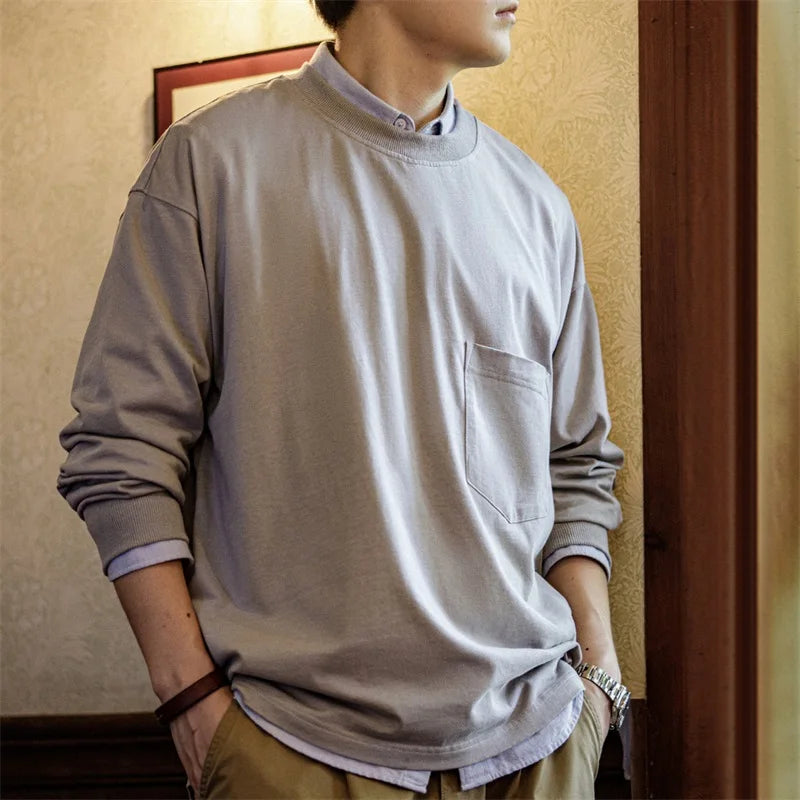 Maden Casual Solid Color with Pocket Design Long-sleeved T-shirt Round Neck Cityboy Loose Cotton Inner Layering Shirt for Men