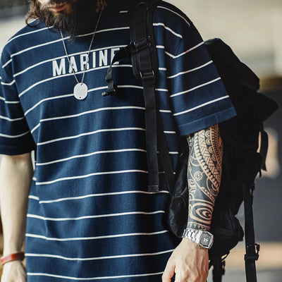 Maden Retro Contrast Striped Short-sleeved T-shirt with Letter Printed Breathable Shirt for Men's Summer Large Size Tops