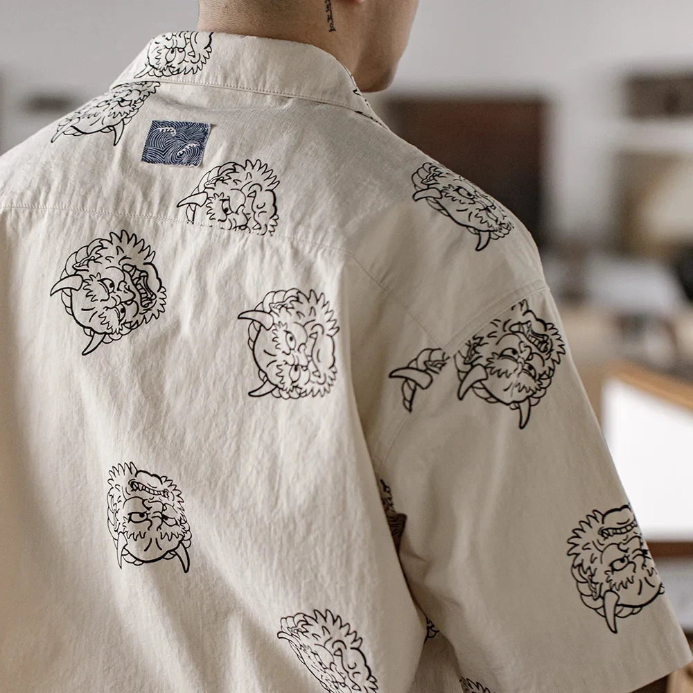 Maden Men's Japanese Vintage Linen Sense Print Shirts 100% Cotton Loose Short Sleeve Shirt Blouses 2023 Summer Workwear Tops