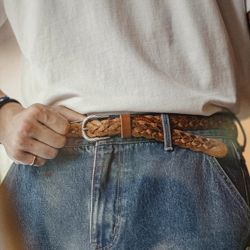 Maden Vintage Woven Vegetable Tanned Cowhide Leather Belt Accessories with Two-layer Cowhide for Men's Versatile Brown Belt