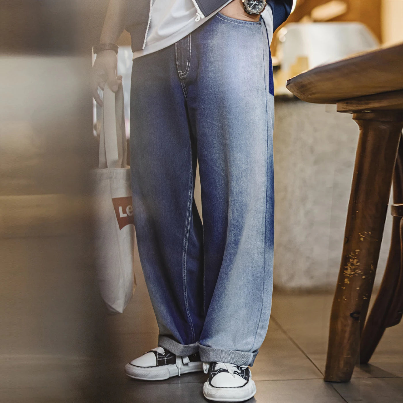 Maden Men's Washed Gradient Blue Jeans Cleanfit Straight-Leg Twill Denim Pants Zip Fly Casual Trousers for Spring Autumn