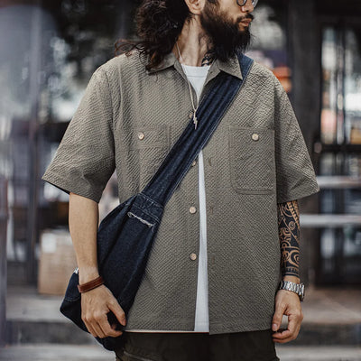 Maden Casual Seersucker Short Sleeve Shirt Men's Summer Breathable Lightweight Single-breasted Shirt Lapel Gray Street Blouse