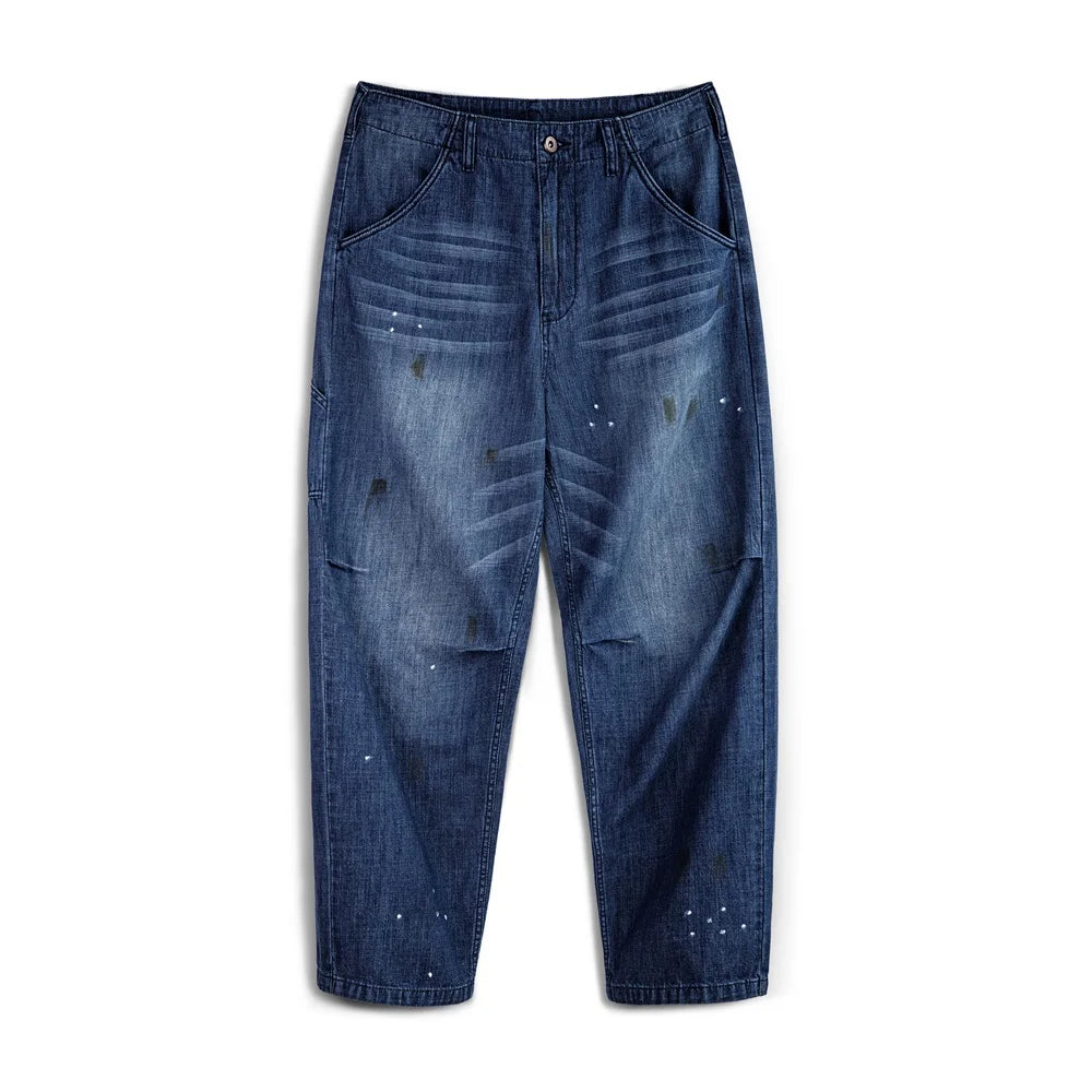 Maden Retro Cotton Jeans Distressed Loose Straight Denim Jeans with Splash Design for Men's Autumn Zipper Access Control Pants