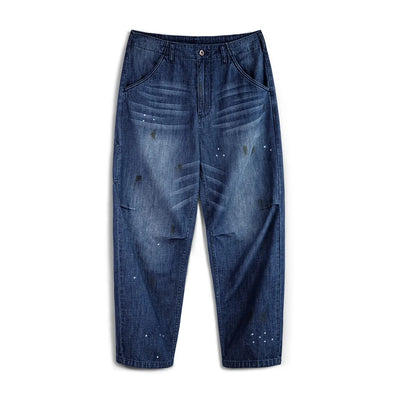 Maden Retro Cotton Jeans Distressed Loose Straight Denim Jeans with Splash Design for Men's Autumn Zipper Access Control Pants