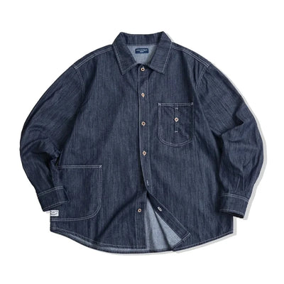 Maden Vintage Washed Denim Long-sleeved Shirt with Large Pocket Single-breasted Loose Lapel Blouses for Men's Autumn Tops
