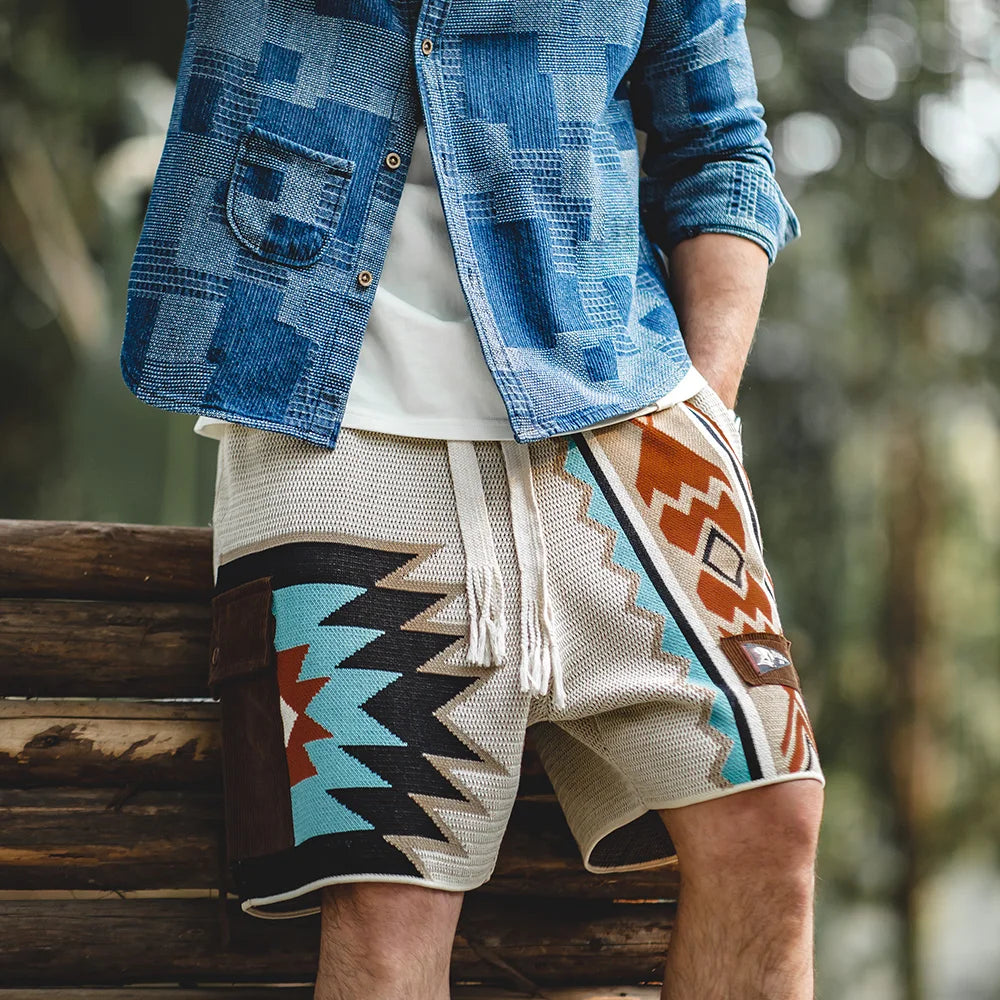 Maden Navajo Totem Knitted Shorts Men's  Elastic Waist Casual Shorts with Corduroy Pocket Summer Beach Breathable Short Pants