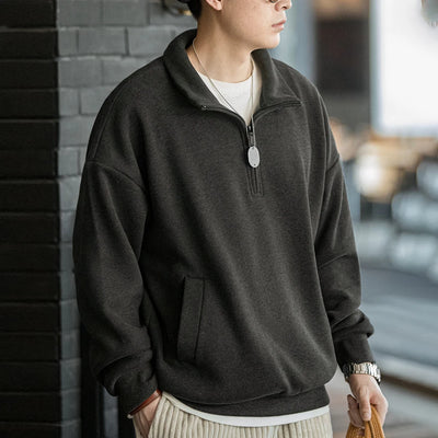 Maden Casual Half-Zip Stand Collar Fleece Sweatshirt Cleanfit Solid Pullover Warm Hoodies Men's Fall and Winter Top without Hood