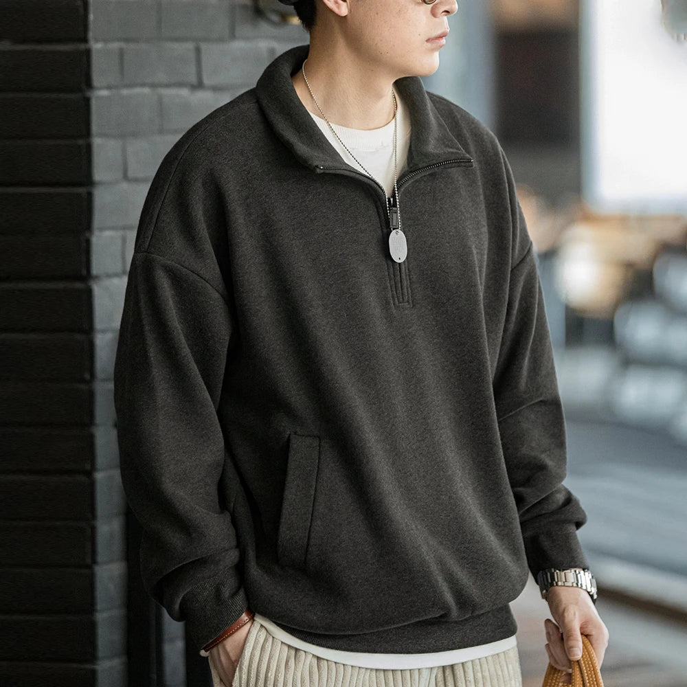 Maden Casual Half-Zip Stand Collar Fleece Sweatshirt Cleanfit Solid Pullover Warm Hoodies Men's Fall and Winter Top without Hood