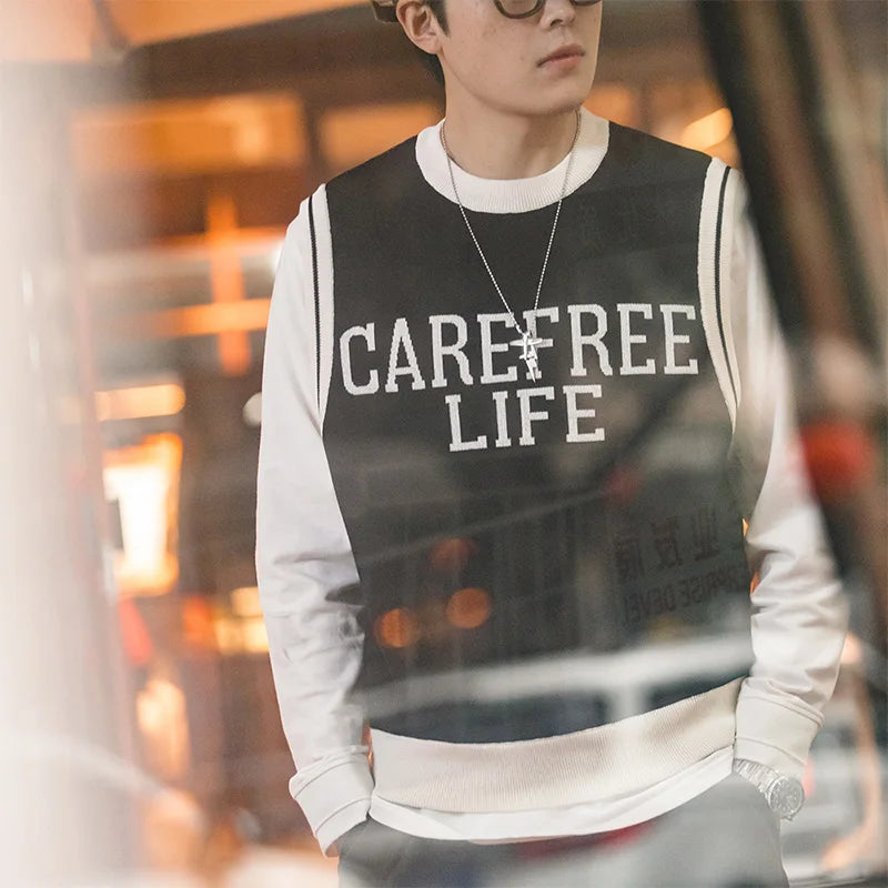Maden Round-neck Casual Knitted Vest for Men Academy Style Spring and Autumn Streetwear Sleeveless Vest Letter Printed Pullover