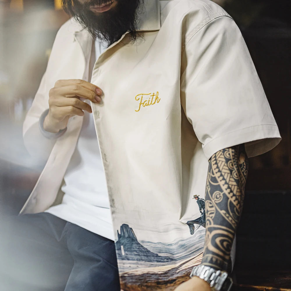 Maden Vintage Inkjet Print Cuban Collar Short Sleeve Shirt Men's Summer Loose Embroidered Letter Single Breasted Vacation Blouse