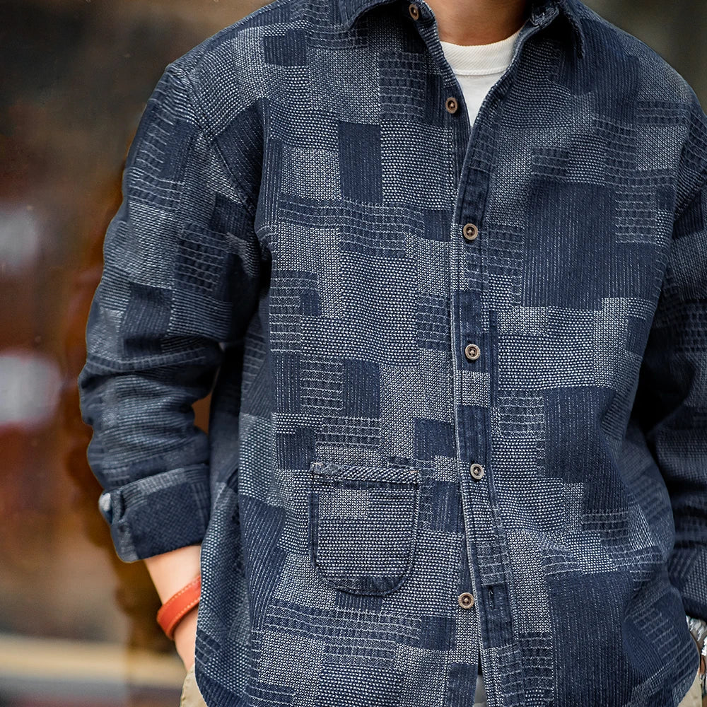 Maden Retro Boro Cloth Denim Shirts with Lapel Collar Patchwork Design Long-sleeved Shirt for Men's Spring and Autumn Tops