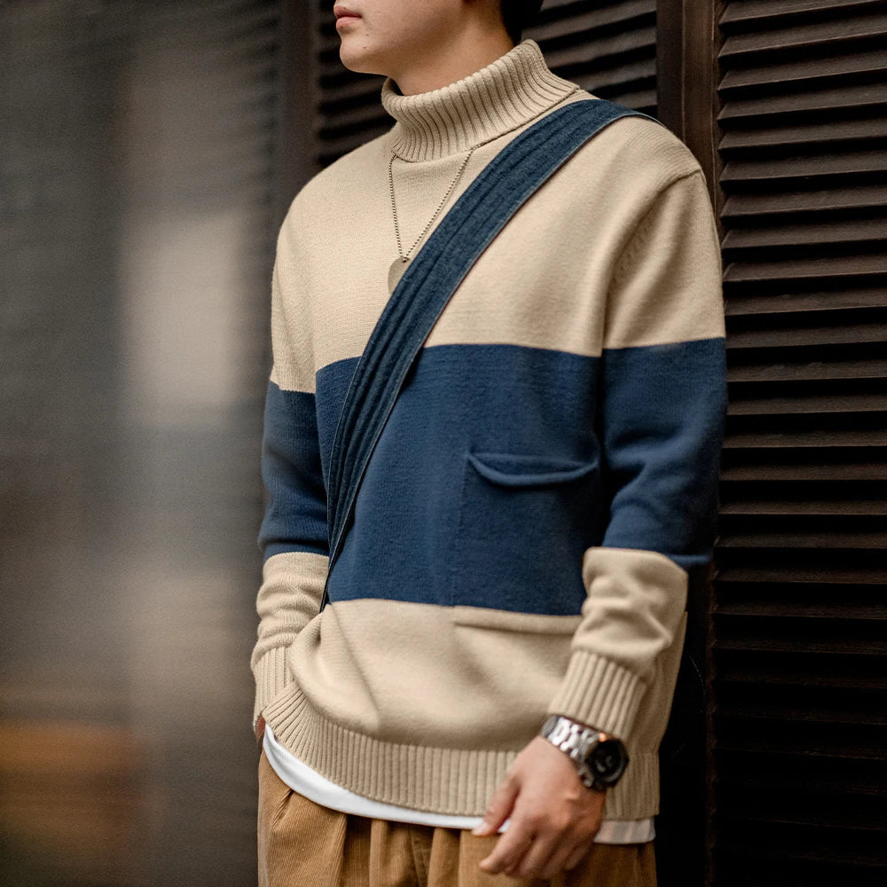 Maden Retro Turtleneck Knitted Sweater Contrasting Color Striped Pullover Warm Versatile Top for Men's Fall and Winter Clothing