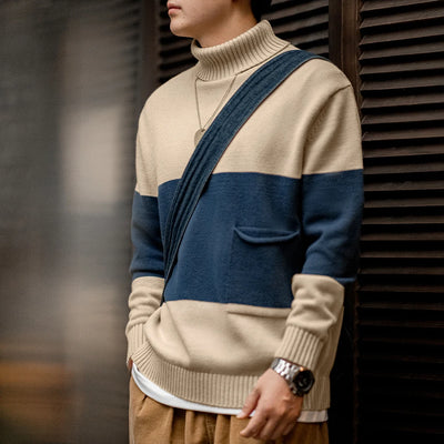 Maden Retro Turtleneck Knitted Sweater Contrasting Color Striped Pullover Warm Versatile Top for Men's Fall and Winter Clothing
