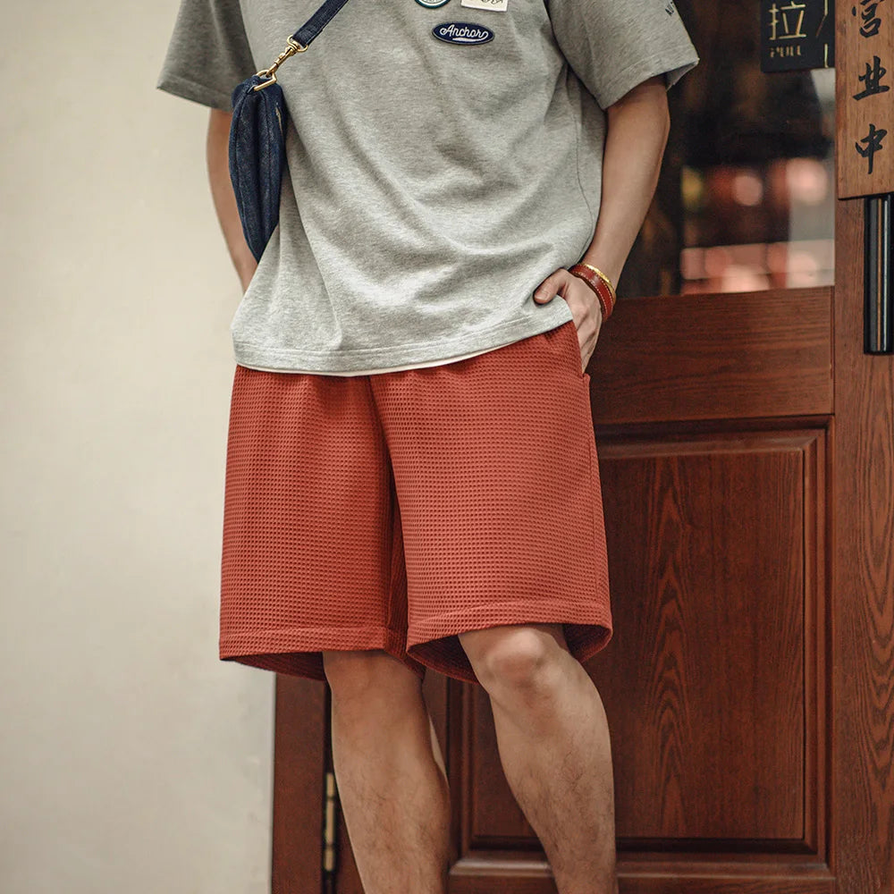 Maden Retro Profile Waffle Fabric Shorts Loose Straight Thin Breathable Elastic Waist Basketball Shorts for Men's Summer