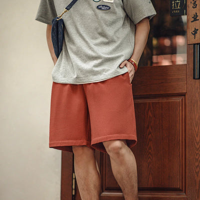 Maden Retro Profile Waffle Fabric Shorts Loose Straight Thin Breathable Elastic Waist Basketball Shorts for Men's Summer