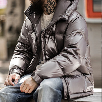 Maden Casual Glossy Hooded  90% White Duck Down Jacket Warm Stand-up Collar Puffer for Men's Winter Versatile Solid Color Coats