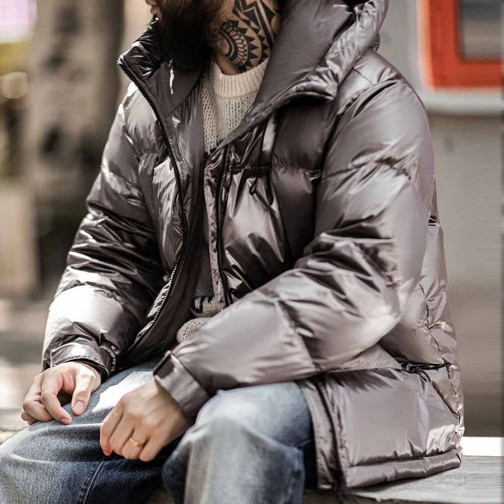 Maden Casual Glossy Hooded  90% White Duck Down Jacket Warm Stand-up Collar Puffer for Men's Winter Versatile Solid Color Coats