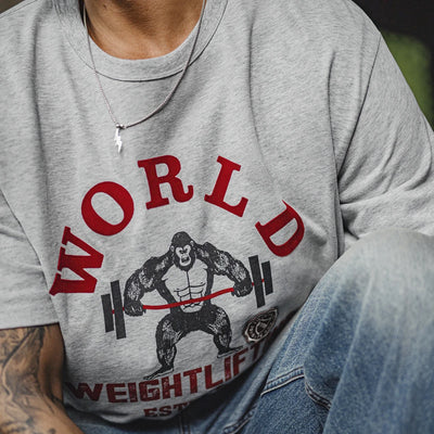 Maden New Vintage Flocked Print Short Sleeve T-Shirt Men's Summer Heavyweight Cotton Gray Tee Casual Knit Crew Neck Street Tops