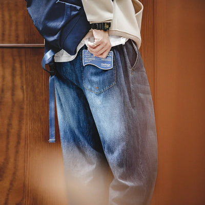 Maden Men Loose Casual Jeans 7.8OZ Washed Denim Mid Rise Stretchless Wide Leg Straight Pants Hombre Blue Jeans Plus Size