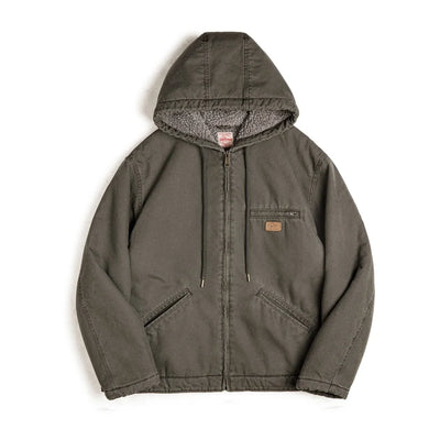 Maden Retro J141 Active Hooded Jacket Solid Color Sherpa Fleece Cotton-padded Coat with Velvet Warm  Canvas Outerwear for Men