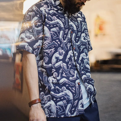 Maden Vintage Printed Cuban Collar Short Sleeve Shirt Men's Summer Hawaiian Style Vacation Shirt Loose Single-breasted Blouse