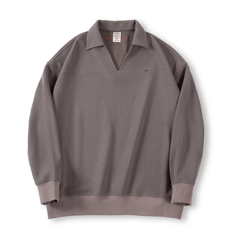 Maden Waffle V-neck Polo Shirt for Men Soft and Skin-friendly Sweatshirt Autumn Loose-fit Versatile Pullovers Solid Lapel Tops