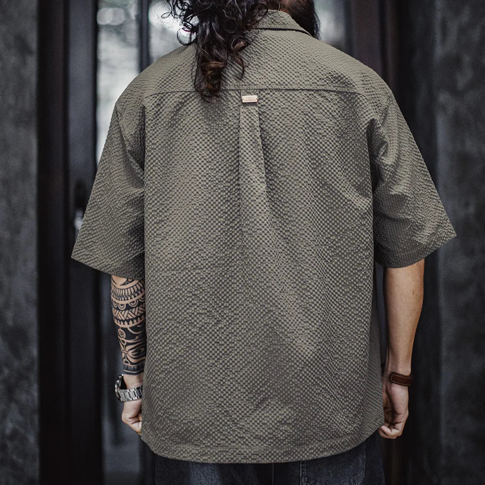 Maden Casual Seersucker Short Sleeve Shirt Men's Summer Breathable Lightweight Single-breasted Shirt Lapel Gray Street Blouse