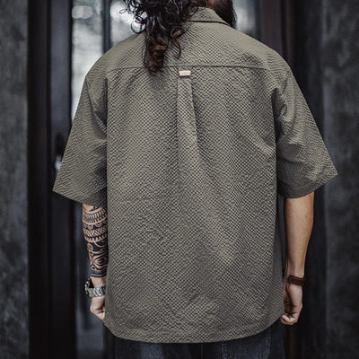 Maden Casual Seersucker Short Sleeve Shirt Men's Summer Breathable Lightweight Single-breasted Shirt Lapel Gray Street Blouse