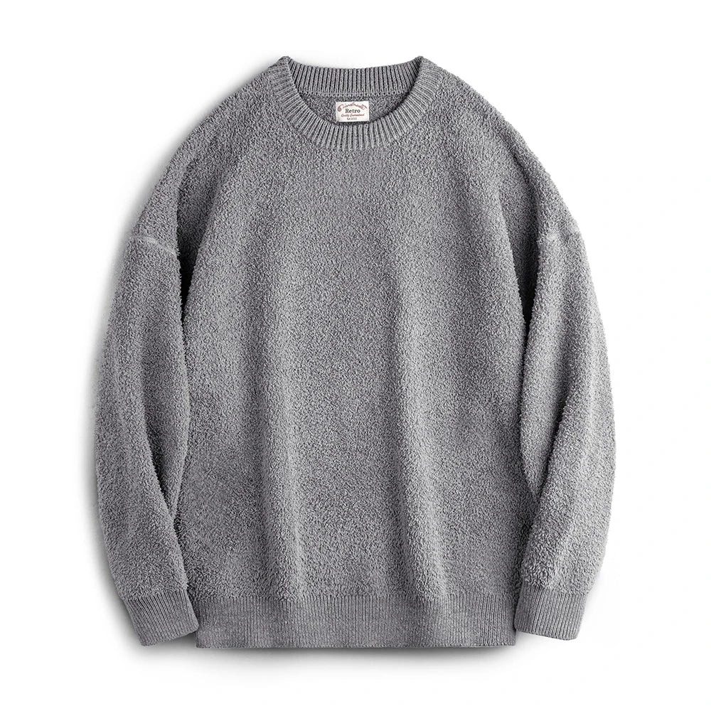 Maden New Retro Grey Round Neck Sweater Fleece-lined Warm Versatile Pullover for Men with Loose Fit Tops for Autumn and Winter
